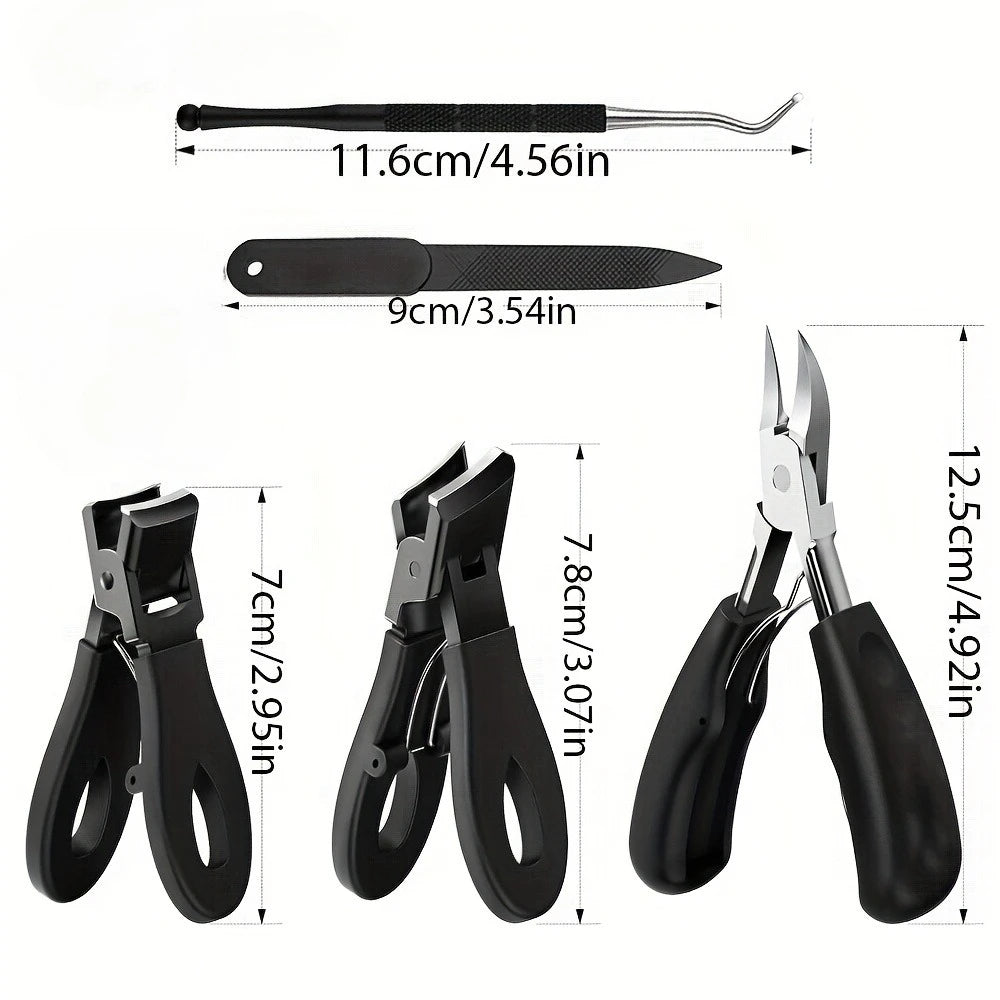 5pc Modern Stainless Steel Toenail Clippers Set with Ergonomic Handle,Includes Wide Mouth Angled Scissors,Nail File Cuticle Tool