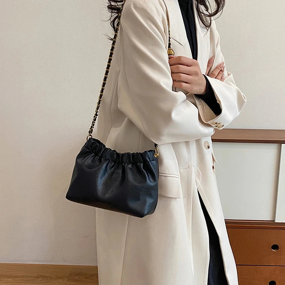 Women Chain Shoulder Bag Versatile Crossbody Tote Bag Casual Pleatd Hobo Bag Satchel Sling Bag Girl Stylish Purse