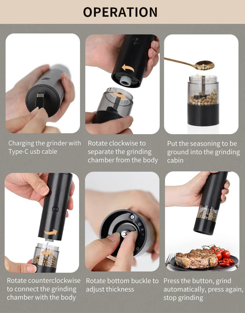 USB Rechargeable Electric Salt and Pepper Grinder Adjustable Coarseness Large Capacity Auto Spices Grinders Kitchen Cooking Tool
