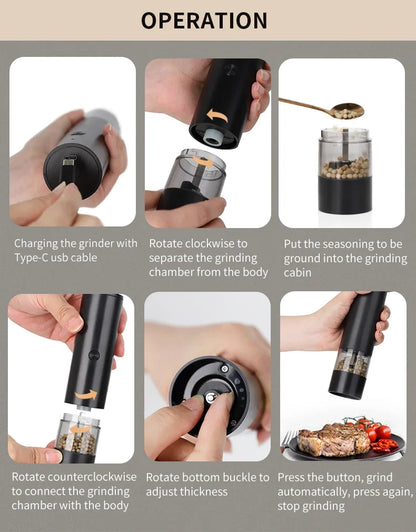 USB Rechargeable Electric Salt and Pepper Grinder Adjustable Coarseness Large Capacity Auto Spices Grinders Kitchen Cooking Tool