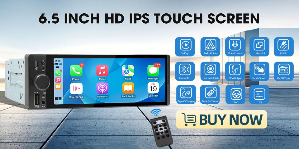 6.5 Inch 1Din IPS Screen Wireless Carplay Android Auto Airplay Car Radio MP5 Player Stereo Bluetooth FM Type-C PD3.0 Fast Charge