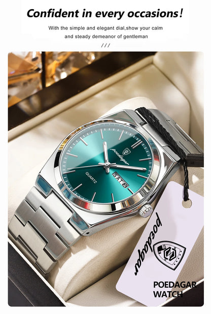 POEDAGAR Exquisite Business Men Watch Stainless Steel Waterproof Luminous Man Wristwatch Date Week Classic Men's Quartz Watches