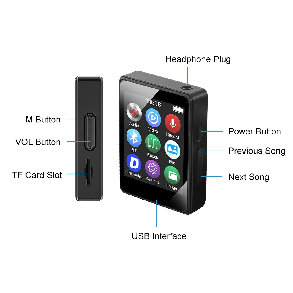 Portable Bluetooth 5.0 MP3 Player With LED Screen Music Stereo Speaker Mini MP4 Video Playback FM Radio Recording For Walkman