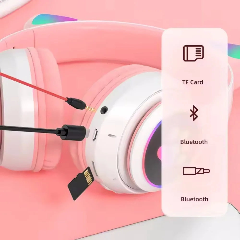 Cute Cat Ear Bluetooth Compatible Headset with LED Wireless Headset Children Girls Stereo Folding Sports Headset with Microphone