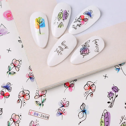 12 Pcs Summer Ink Blooming Flowers Nail Art Stickers, Water Decal Leaves Graffiti Slider Nail Decoration