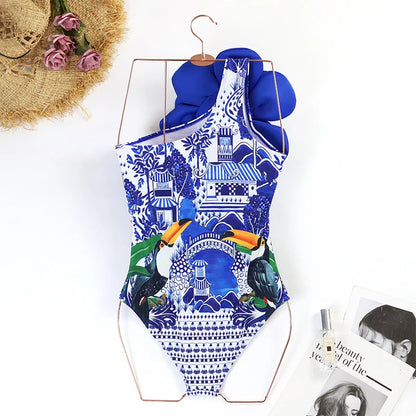 Blue One-Shoulder Ruffled Print Floral Swimsuit Set Cover Up Single Piece Micro Monokini Sexy Swimwear For Girls Summer Beach