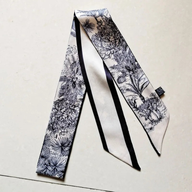 120*5cm Plant Jungle Printed Scarf for Women's Spring Summer New Model Emulated Silk Streamer Fashionable Retro Hairband Streame