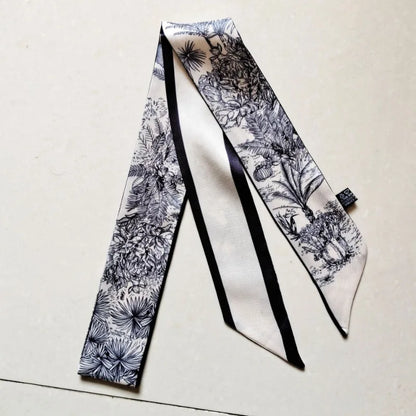 120*5cm Plant Jungle Printed Scarf for Women's Spring Summer New Model Emulated Silk Streamer Fashionable Retro Hairband Streame