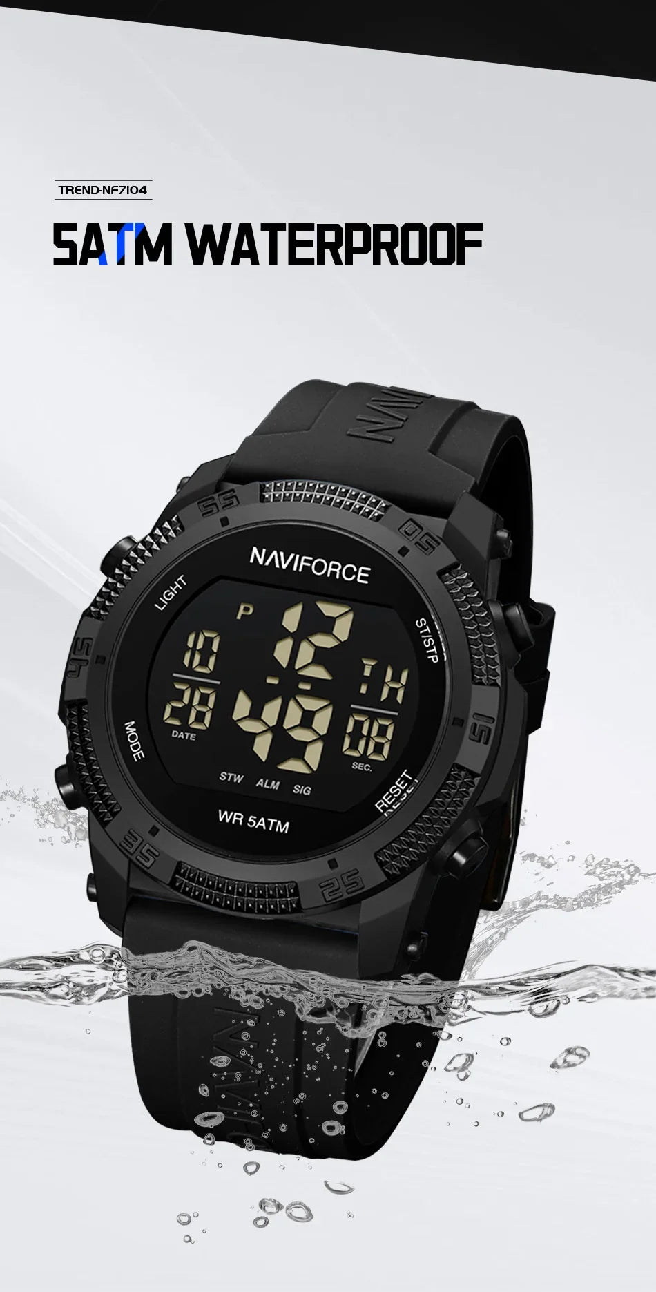 NAVIFORCE NF7104  Men's LCD Digital Casual Date and Week Alarm Waterproof Silicone Strap Electronic Watch