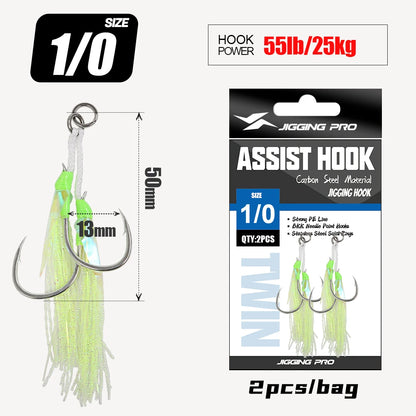 JIGGING PRO Twin Assist Hooks 1/0 2/0 3/0 4/0 Double Barbed BKK High Carbon Steel Fishing Hook With Glow Feather Jigging Hook