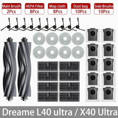 Dreame L40 Ultra / X40 Ultra Robot Vacuum Accessories Dust Bags Mop Main Side Brushes Cloths HEPA Filters Spare Parts
