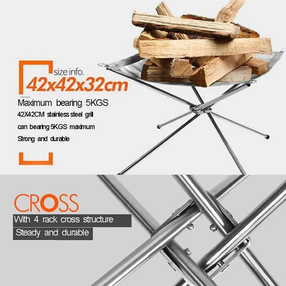 Portable Outdoor BBQ Bonfire Rack, BBQ Fire Pit Grill, Stainless Steel Mesh Fire Pit Wood Stove Stand, Foldable Fire Frame Rack