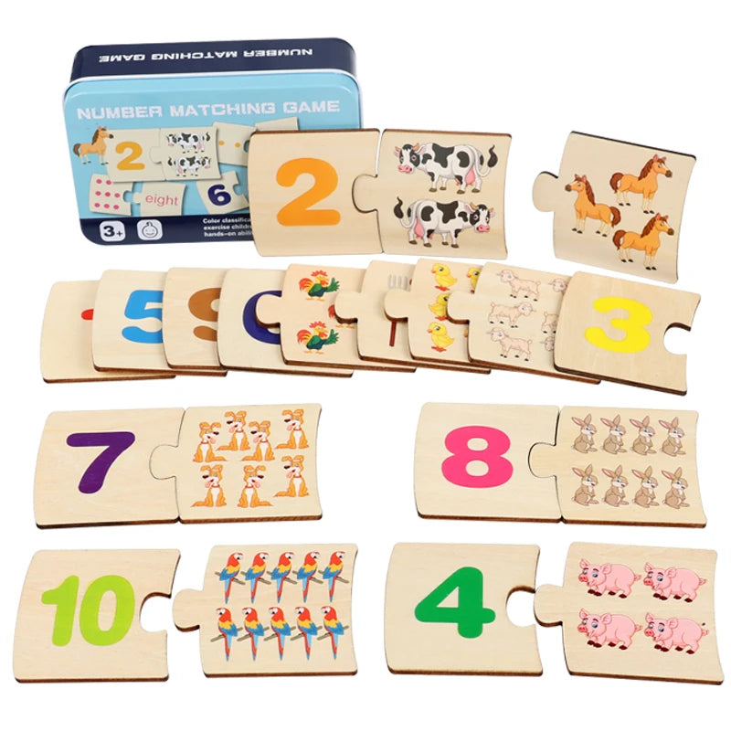 Children's Iron Box Number Enlightenment Paired Wooden Animal Food Puzzle Board Logical Thinking Training Game Educational Toys