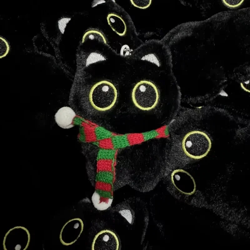 New Kawaii Big Eyes Cat Plush Doll With Scarf Black Cat Keychain Bag Pendant Cartoon Kitten Ornament Festival Gift For Friends