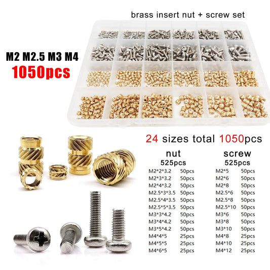 M1.4 M1.6 M2 M2.5 M3 M4 M5M6 Brass Copper Twill Knurled Thread Hot Heat Melt Injection 3D Print Embed Insert Nut Screw Kit Set