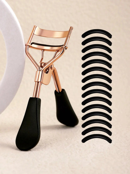 1PC Eyelash Curler and 15 Silicone Pads, Portable Stainless Steel Gold Eyelash Curler,Curling & Shaping,Not Hurting