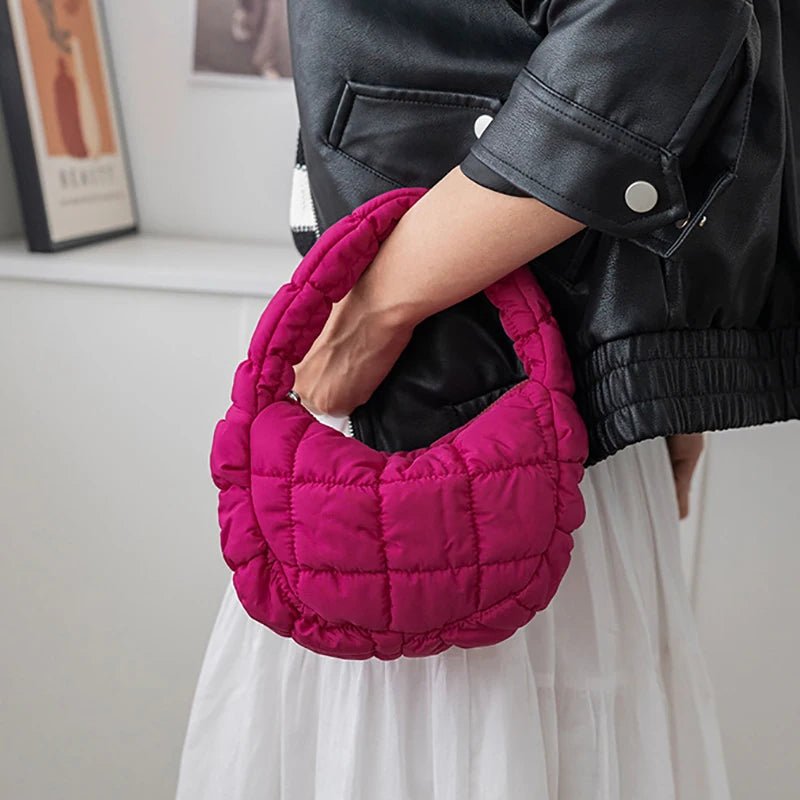 Candy bag Fashion Mini Puffer Tote Bag Quilted Circle Phone Purse  Elegant  Soft Nylon Padded Key Pouch Simple Trend Handbag