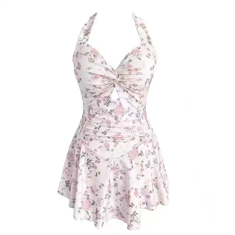 Swimming Suit for Women Solid Color Slimming One-piece Dress Style Conservative Waist Tightening Slimming Vacation Swimsuit