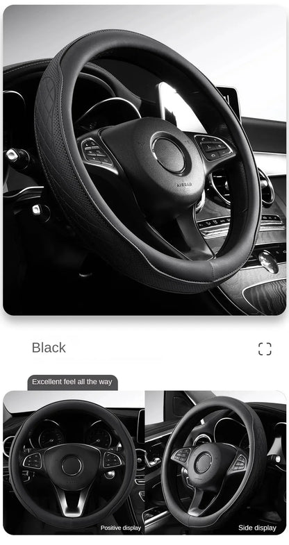 Embossed PU Leather Patchwork Car Steering Wheel Cover, Non-slip, Breathable, Universal 15 Inch (Approx. 38cm)