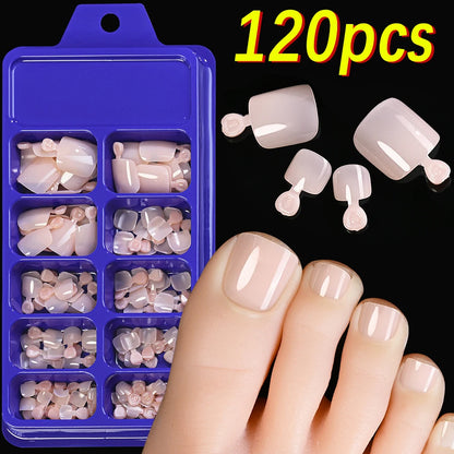 120Pcs 9-Colors French Fake Toenails Summer Short Sqaure Press On Toe Nails Tips Glossy Nude/Pink/Brown Full Cover False Toenail