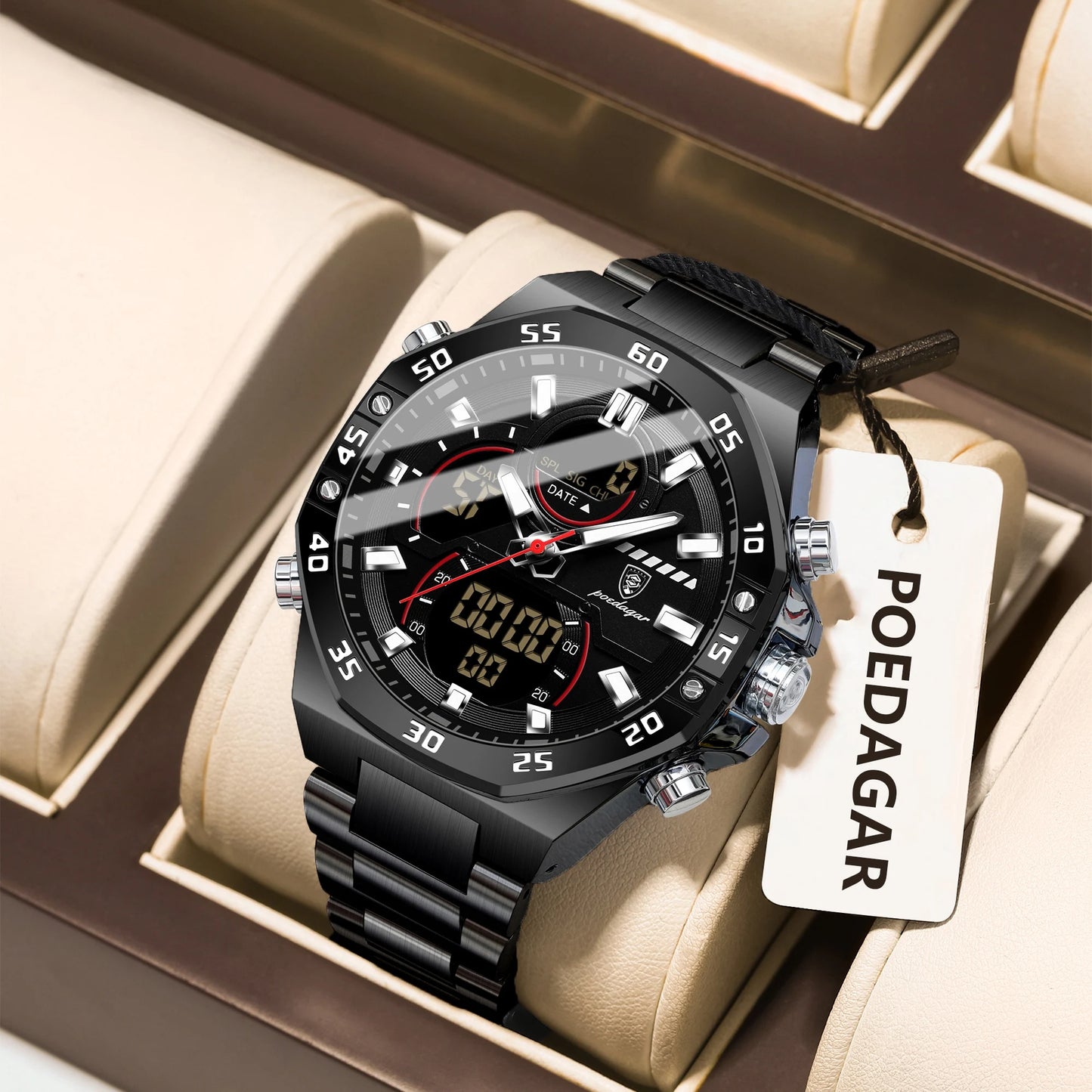 POEDAGAR Top Men Clock LED Luminous Waterproof Week Date Military Man Wristwatch Electronic Stainless Steel Quartz Men's Watches