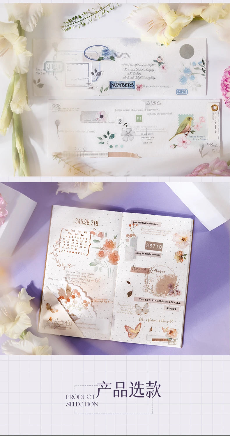Yoofun 20pcs/lot PET + Washi Paper Aesthetic Flower Stickers Gift Card Journal Scrapbooking Diary Decoration Stationery Labels