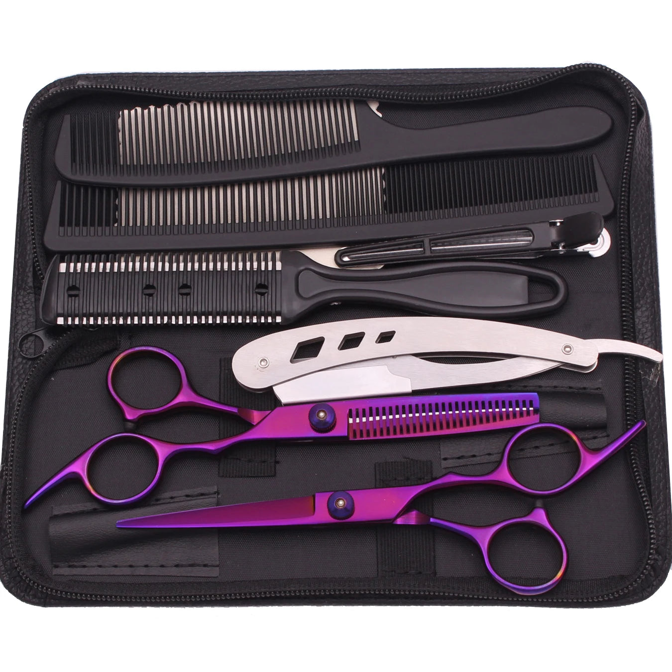 Hairdressing Scissors Japan Stainless Hair Scissors Purple Hair Cutting Scissors Barber Shop Thinning Shears Set Comb C1001