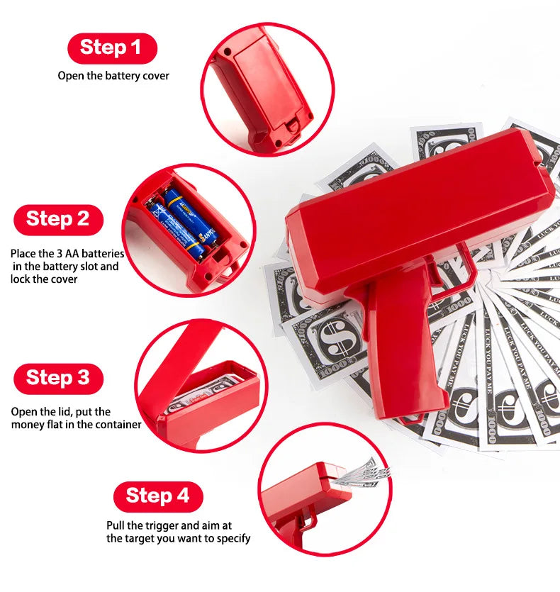 Banknote gun Party Games Pistol Party toys Games Cash Cannon Funny toys gun for banknotes Wedding Golden 100pcs fake money bills