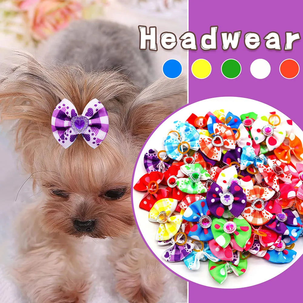 20pcs Dog Hair Bows Dog Bows with Diamond Colorful Grooming Rubber Band for Small Dog Pet Girls Grooming Hair Accessories