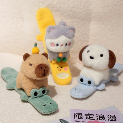 Capybara Slap Snap Wrap Capibara Plushie Wristband Bracelet Kawaii Cute Dog Cat Plush Toy Hand Ring Creative Funny Gift