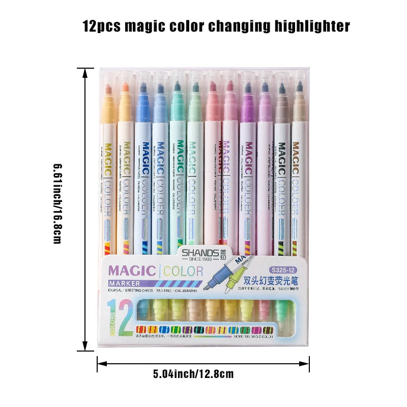 12pcs Double-ended Magic Color Changing Highlighter Pen Set, Student Diary Scrapbook Painting DIY Making, Classroom and Office S