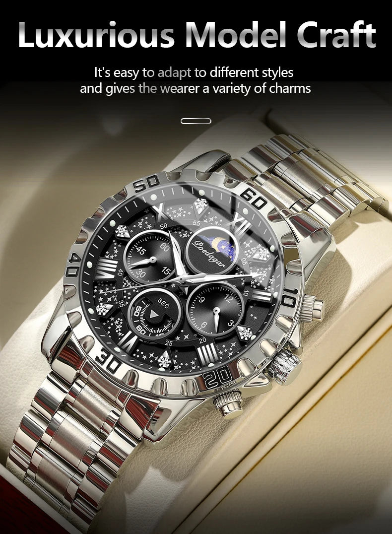 POEDAGAR Luxury Man Watch Waterproof Luminous Stainless Steel Quartz Men's Wristwatch Chronograph Military Watches For Men Reloj