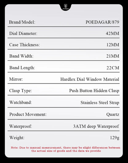 POEDAGAR Business Brand Man Wristwatch Waterproof Stainless Steel Luminous Men Watch Chronograph Date Men's Quartz Watches Reloj