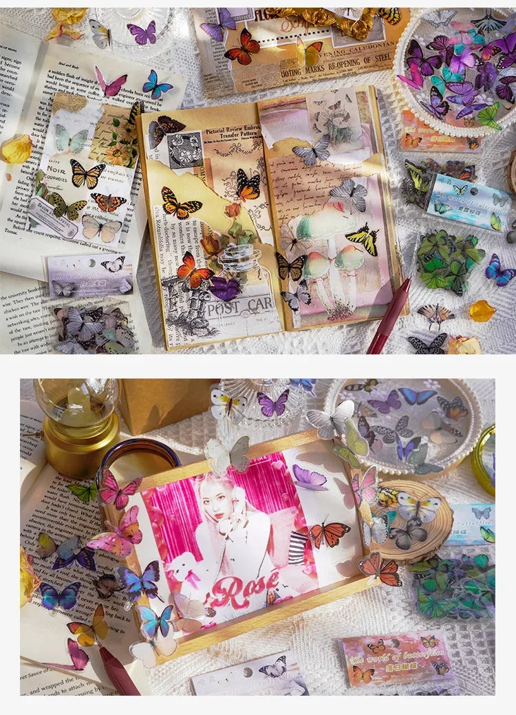 Journamm 40pcs/pack Butterfly Series Stickers Art Collage Junk Journal DIY Scrapbooking PET Waterproof Craft Aesthetics Stickers