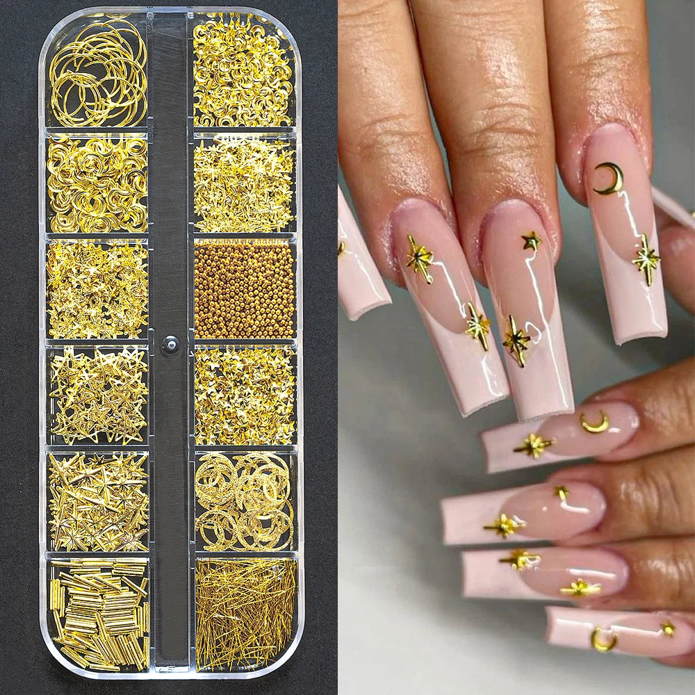 12Grid 3D Gold Ocean Rivet Nail Charms Mixed Seahorsea/Starfish /Conch Pearl/Mini Caviar Beads/Rhinestone Nail Jewery Decoration
