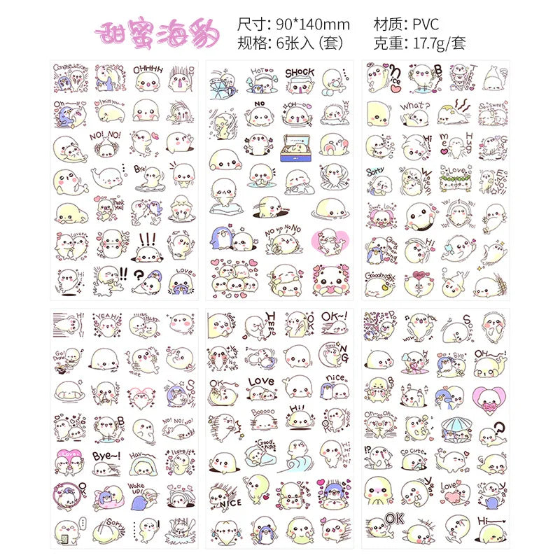 6Pieces/Set Transparent Pvc Waterproof Cartoon Sticker DIY Hand Account Decorative Stickers Kawaii Phone Cup Stickers