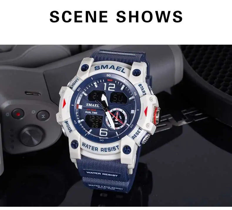 SMAEL Sport Watch Military Wristwatch for Men Alarm Stopwatch LED Digital Back Light Dual Time Display Waterproof Watch Men 8007