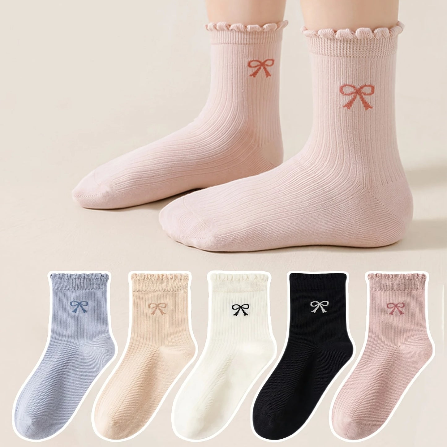 3 Pairs of Random Mixed Color Kidsren's Socks with Lace Bow Patterns for Girls and Babies, Versatile Mid-Calf Socks for All Seasons Suitable for Daily Life