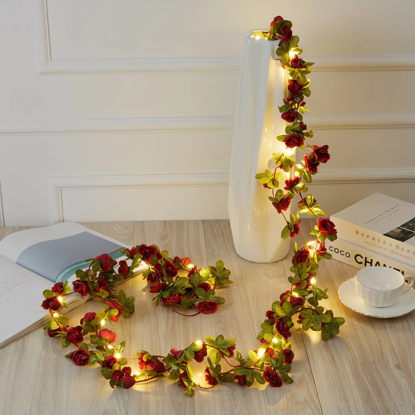 250CM Rose Vine With LED Lights Artificial Flowers Wedding Home Room Decoration Spring Autumn Garden Arch Christmas Rattan Vine