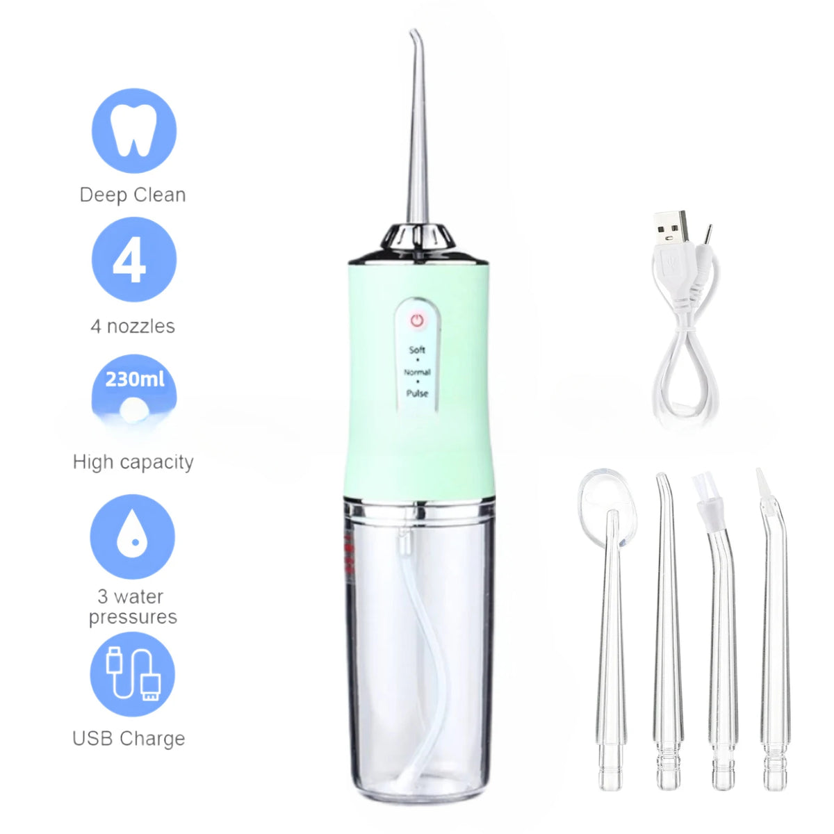 Oral Irrigator Portable USB Rechargeable Dental Water Flosser Water Jet Floss Tooth Pick 4 Jet Tip 220ml 3 Modes IPX7 Waterproof