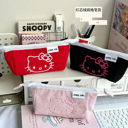 Cute Hello Kitty Corduroy Large Capacity Stationery Storage Bag Portable Handbag Cartoon Pen Bag with High Appearance Value