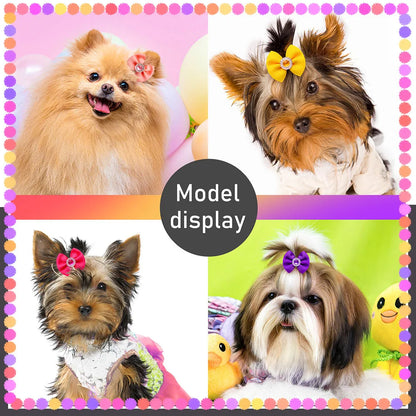 20pcs Dog Hair Bows Dog Bows with Diamond Colorful Grooming Rubber Band for Small Dog Pet Girls Grooming Hair Accessories