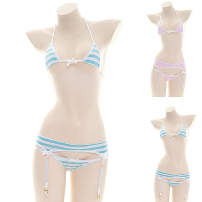 Sexy Bikini Set Women Strap Underwear Stripe Cute Lingerie Micro-Bikinis Swimwear Japanese Schoolgirl Anime Cosplay