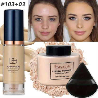 3 Pcs/Set Full Coverage Foundation with Oil-Control Powder and Puff - Waterproof Travel Set Easily Creating Everyday Looks