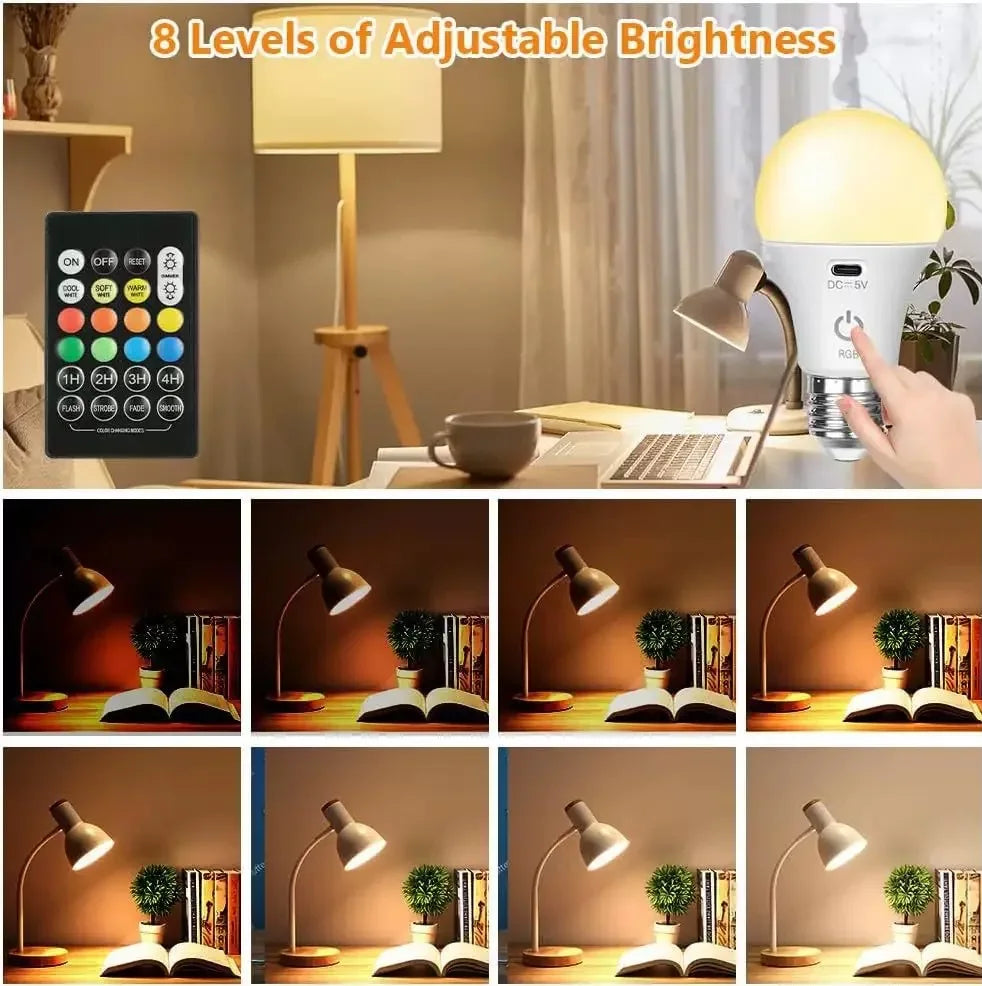 Rechargeable Light Bulb RGB color USB Led Bulb  Smart Bulb Dimmable E27 Bulbs with Timing Cordless Battery Operated Light Bulb