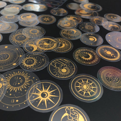 70 pcs Glitter Gold PET Adhesive Stickers Waterproof Transparent Label: SUN MOON Stars Etc