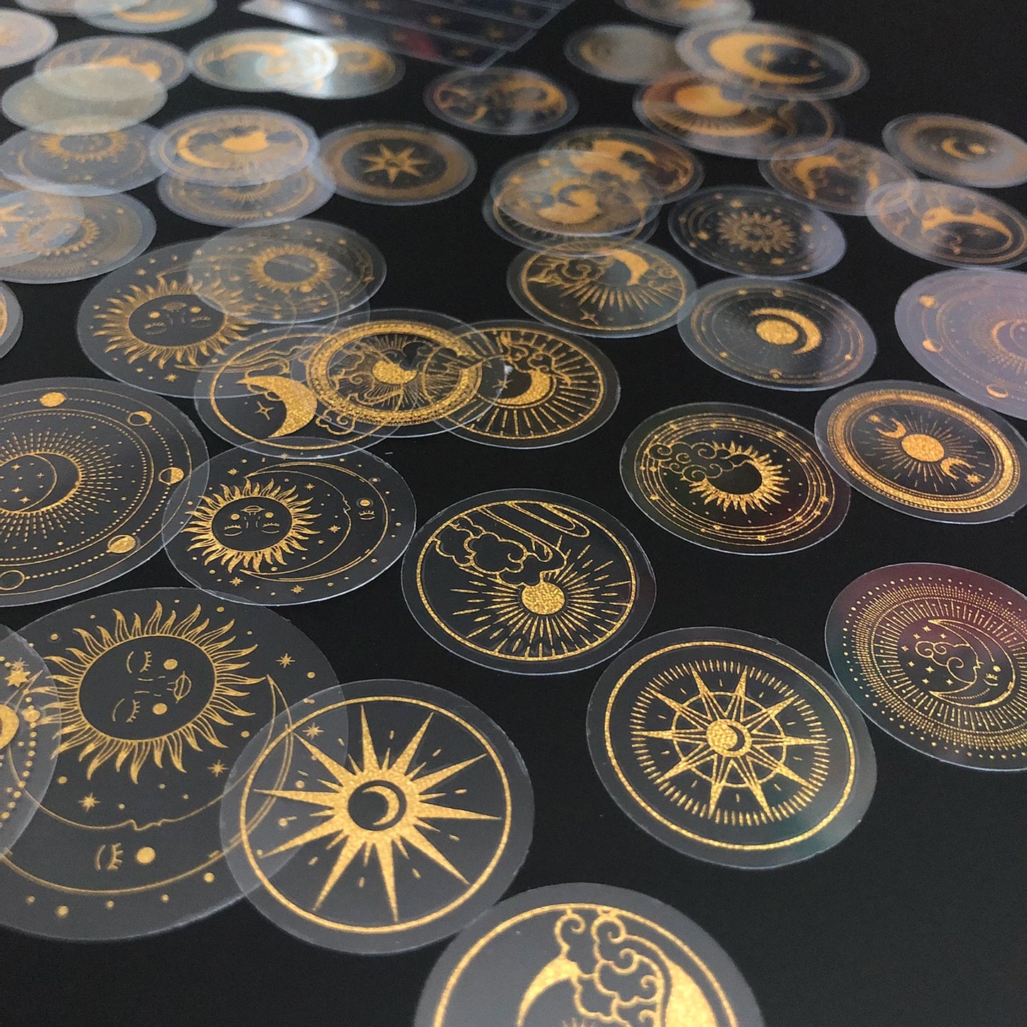 70 pcs Glitter Gold PET Adhesive Stickers Waterproof Transparent Label: SUN MOON Stars Etc