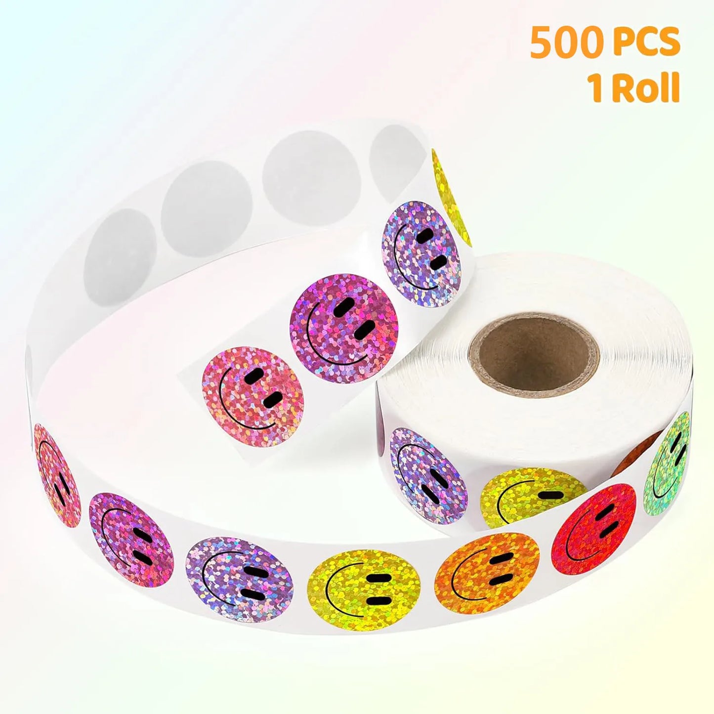 500 Pcs Smile Face Stickers Roll Laser Colorful Happy Face Sticker for Classroom Back to School Birthday Teacher Reward,1inch