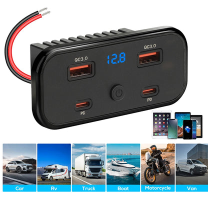 12V-24V 4 Ports Dual USB PD3.0 QC3.0 Outlet 76W Type-C Quick Charge Panel Wall Mount Charger Adapter for Marine Bus ATV Truck RV