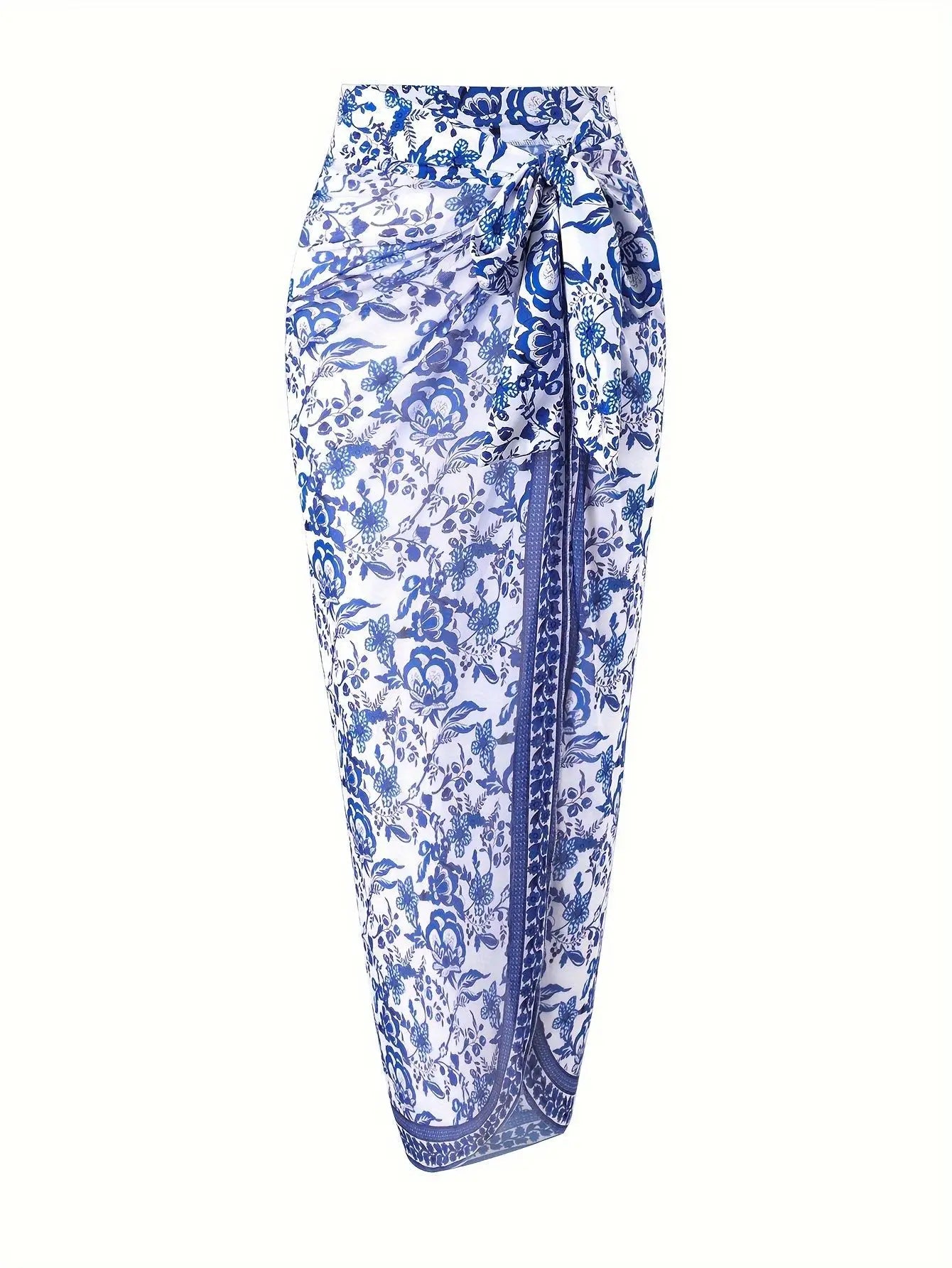 Blue One-Shoulder Ruffled Print Floral Swimsuit Set Cover Up Single Piece Micro Monokini Sexy Swimwear For Girls Summer Beach